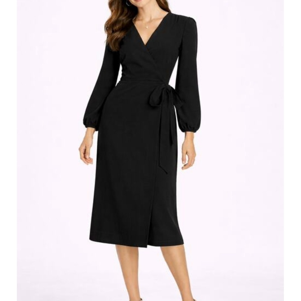J.Crew Black Long Sleeve Wrap Midi Dress Size 4 V-Neck Tie Waist Professional